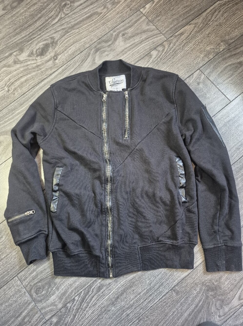 Square Zero Black Moto Fleece Jacket Zip Bomber Streetwear Faux Leather Trim M